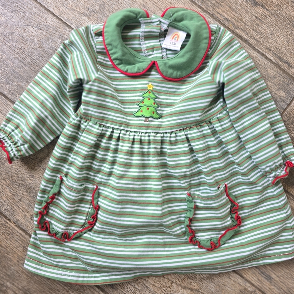 Abby & Evie Boutique Green Striped Holiday Christmas Dress Tree Embroidery